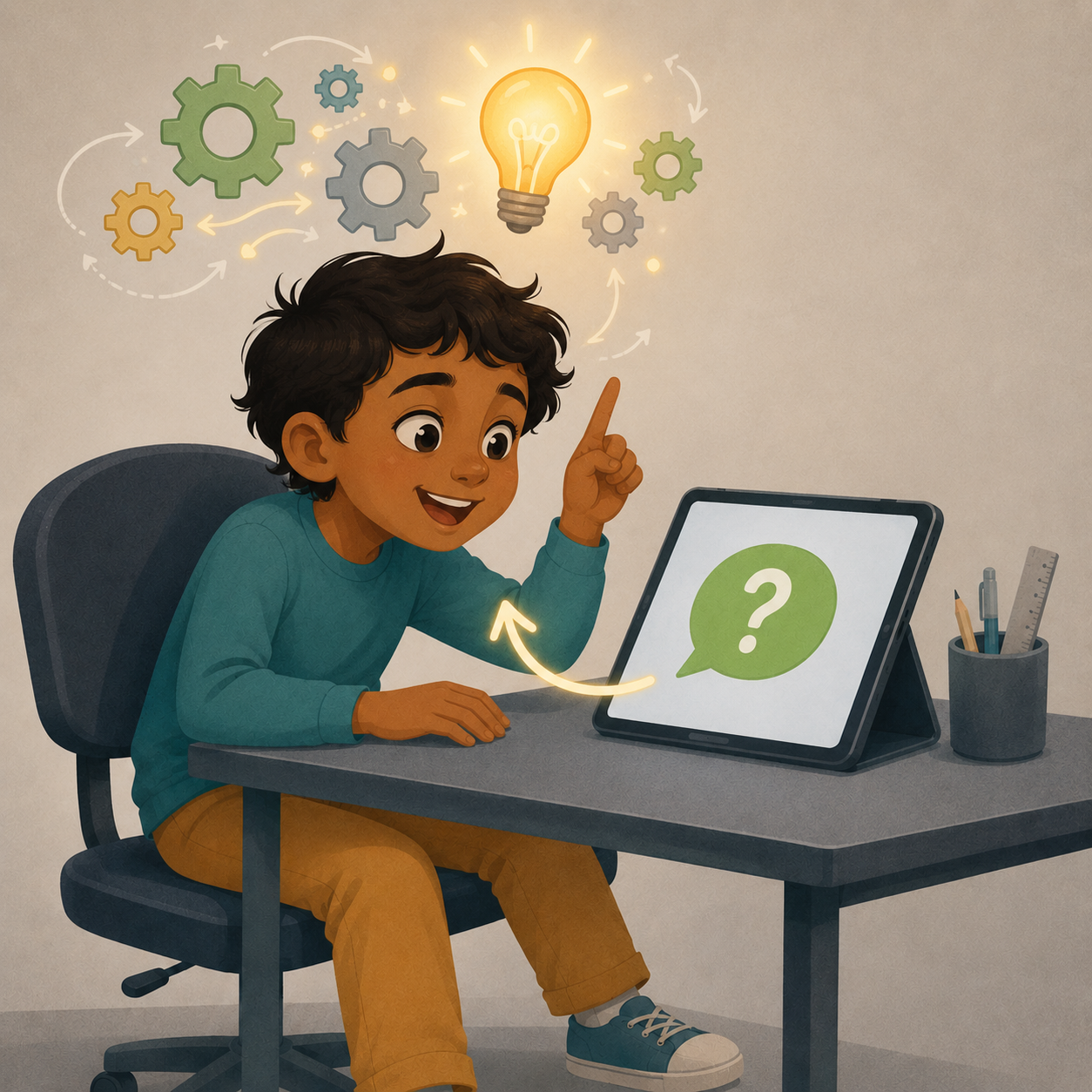 Child leaning in, lightbulb, gears turning